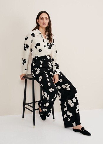 Phase Eight Rae Floral Wide Leg Trousers Black USA | 2453786-FW